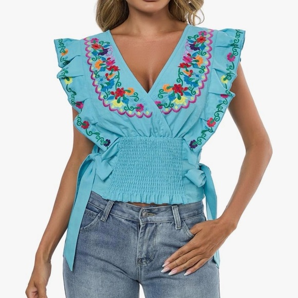 Tops - Embroidered Mexican Blue Women's Top- never worn size large
